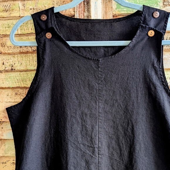 Black Linen Dress Sleeveless Tank Mini Beach Swim Cover Pockets Adjustable Strap - Picture 4 of 6